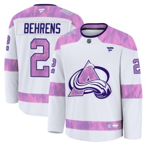 Youth Fanatics Colorado Avalanche Sean Behrens White 2024 Hockey Fights Cancer Practice Jersey - Premium