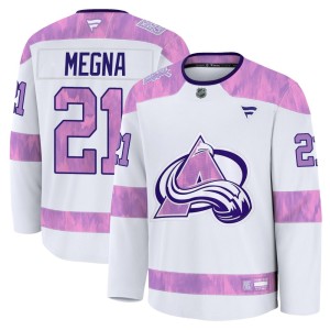 Youth Fanatics Colorado Avalanche Jayson Megna White 2024 Hockey Fights Cancer Practice Jersey - Premium