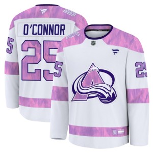 Youth Fanatics Colorado Avalanche Logan O'Connor White 2024 Hockey Fights Cancer Practice Jersey - Premium