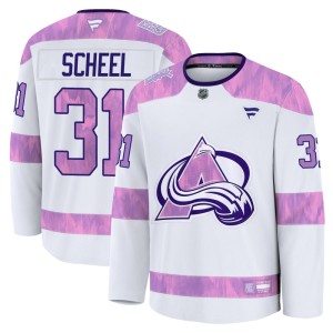 Youth Fanatics Colorado Avalanche Adam Scheel White 2024 Hockey Fights Cancer Practice Jersey - Premium