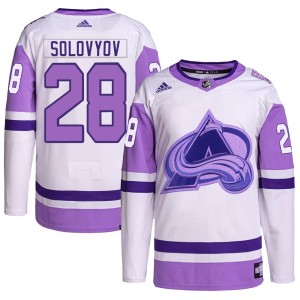 Men's Adidas Colorado Avalanche Ilya Solovyov White/Purple Hockey Fights Cancer Primegreen Jersey - Authentic