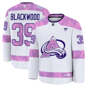 Men's Fanatics Colorado Avalanche Mackenzie Blackwood White 2024 Hockey Fights Cancer Practice Jersey - Premium