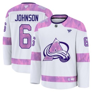 Men's Fanatics Colorado Avalanche Erik Johnson White 2024 Hockey Fights Cancer Practice Jersey - Premium
